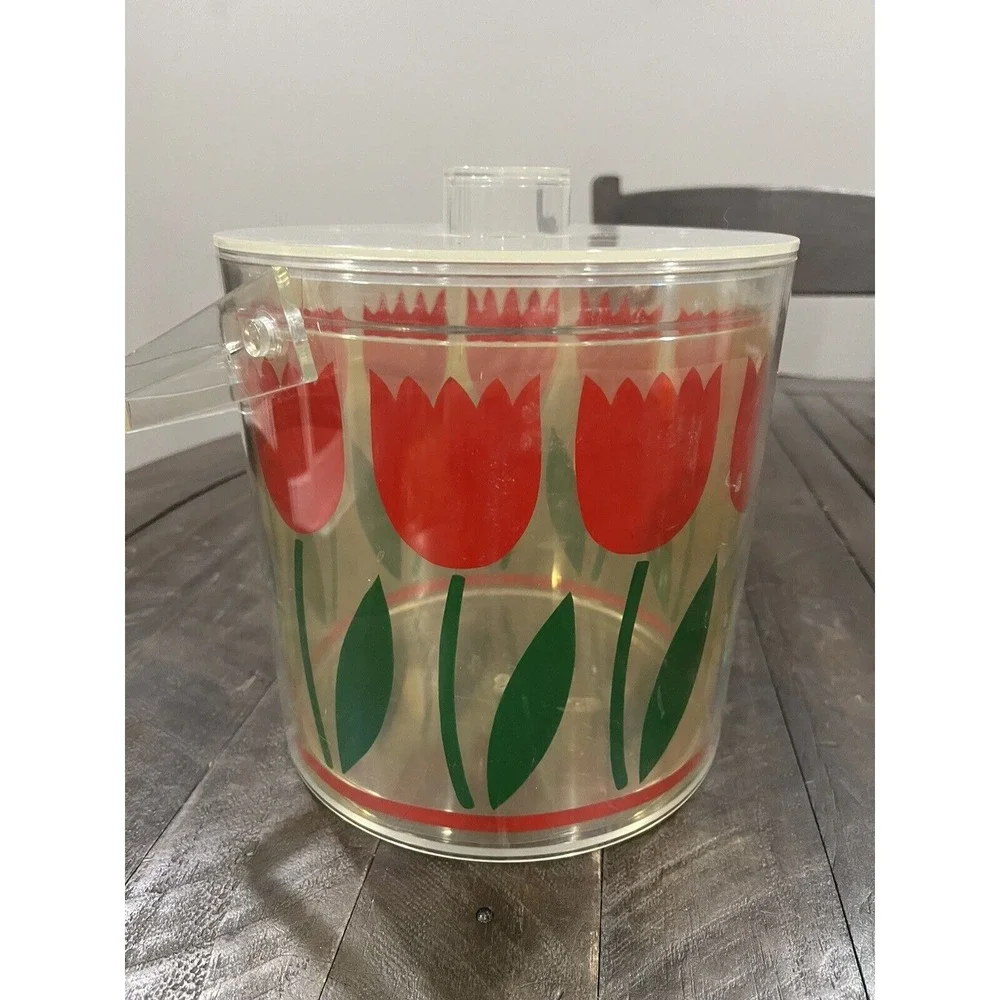 Vintage HJ STOTTER‎ Painted Acrylic Red Tulip Ice Bucket Barware Floral